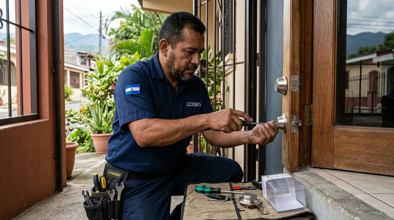 Cerrajero cambiando una chapa en una casa en San Salvador