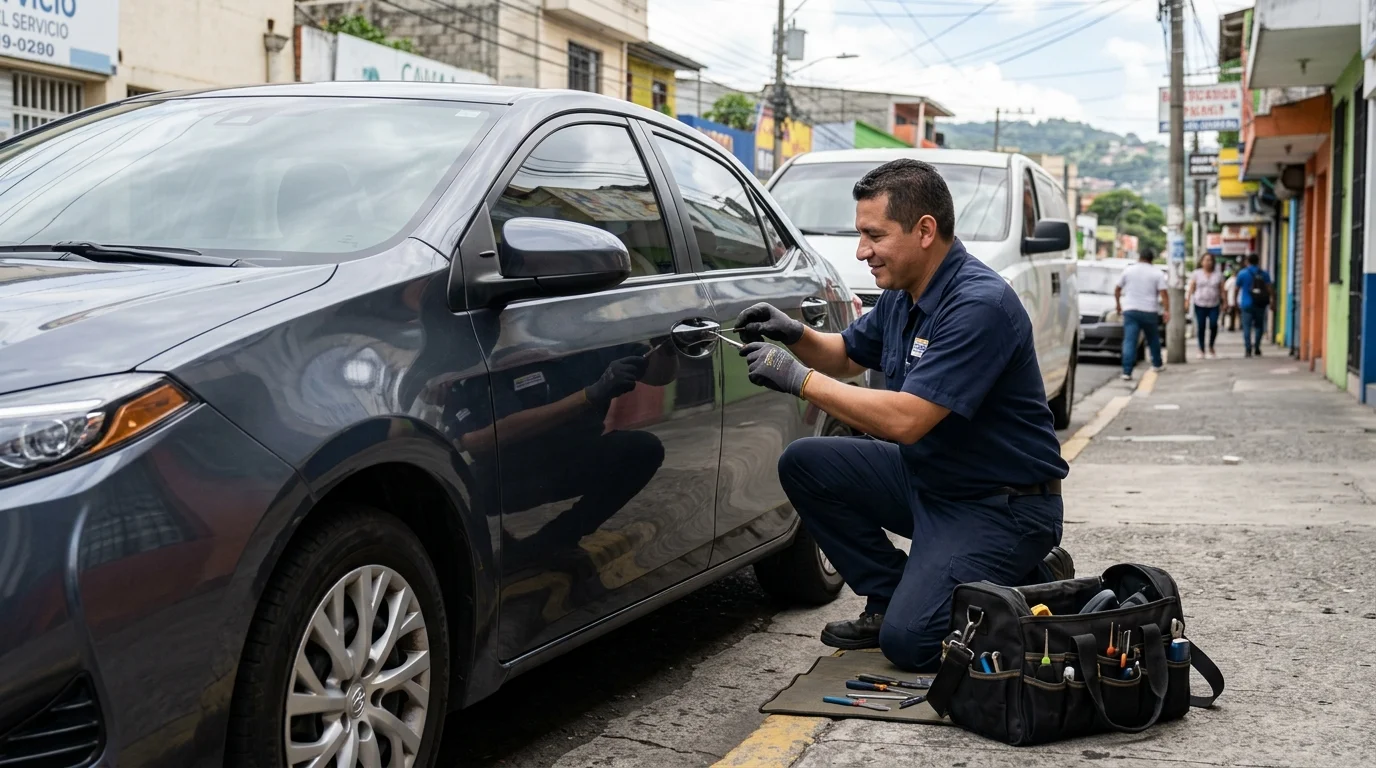 Cerrajero atendiendo un carro en San Salvador